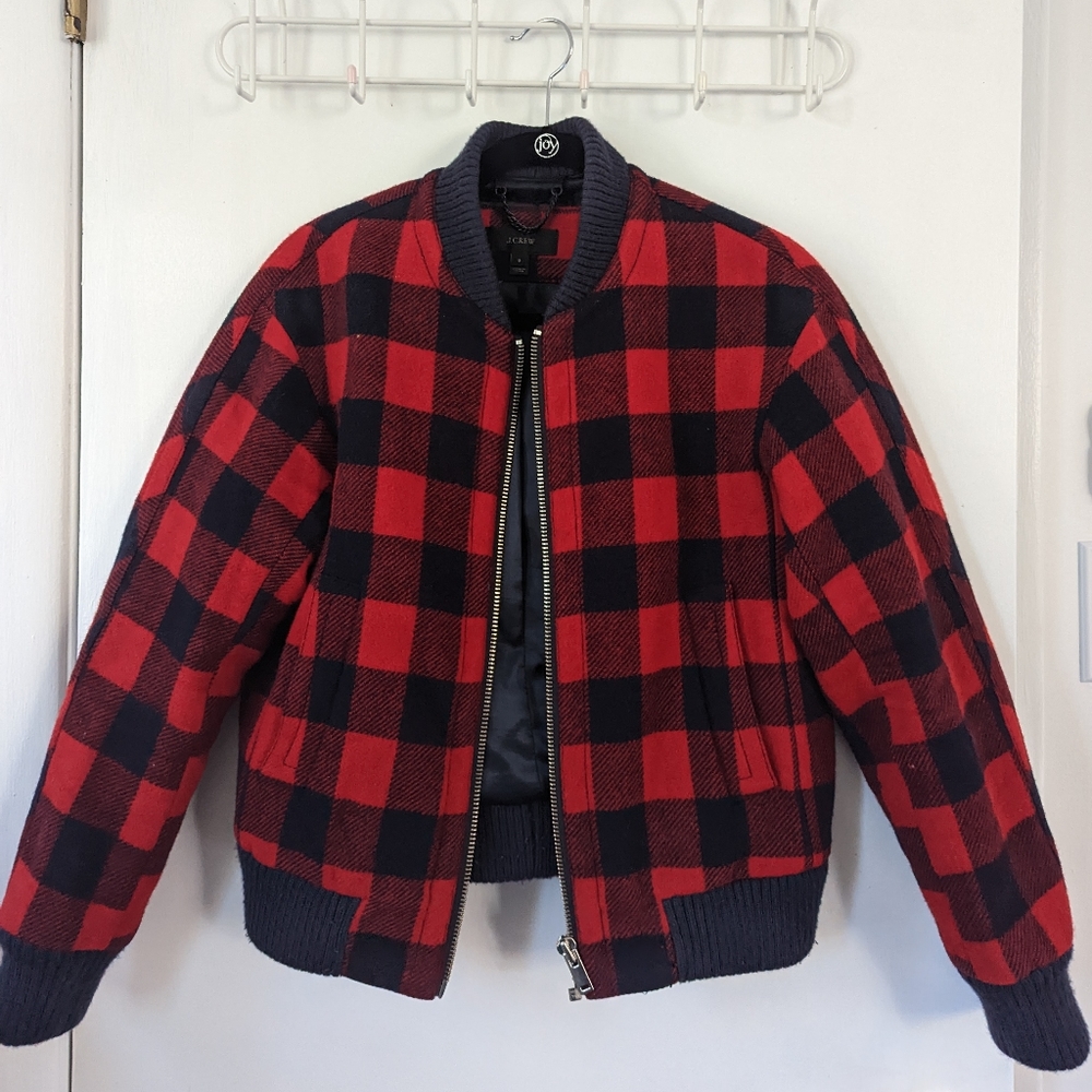 J Crew Wool Buffalo Check Bomber Jacket